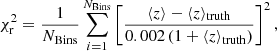 $$ \begin{aligned} \chi _{\rm r}^{2} = \frac{1}{N_{\rm Bins}}\sum _{i=1}^{N_{\rm Bins}} \left[\frac{\langle z \rangle - \langle z \rangle _{\rm truth}}{0.002\,(1+\langle z \rangle _{\rm truth})}\right]^{2}, \end{aligned} $$