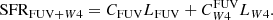 $$ \begin{aligned} {\mathrm{SFR}_{\mathrm{FUV}+ W4}} = C_{\mathrm{FUV} } L_{\mathrm{FUV} } + C_{{W4}}^{\mathrm{FUV} } L_{{W4}}. \end{aligned} $$