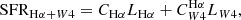 $$ \begin{aligned} {\mathrm{SFR}_{\mathrm{H}\alpha + W4}} = C_{{\mathrm{H}\alpha }} L_{{\mathrm{H}\alpha }} + C_{{W4}}^{{\mathrm{H}\alpha }} L_{{W4}}, \end{aligned} $$
