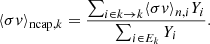 $$ \begin{aligned} \displaystyle \langle \sigma {v} \rangle _{\mathrm{ncap} ,k} = \frac{\sum _{i\in k \rightarrow k} \langle \sigma {v} \rangle _{n,i} Y_i}{\sum _{i \in E_k}Y_{i}}. \end{aligned} $$