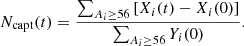 $$ \begin{aligned} N_{\mathrm{capt} }(t) = \frac{\sum _{A_i\ge 56}\left[X_i(t)-X_i(0)\right]}{\sum _{A_i\ge 56} Y_i(0)}. \end{aligned} $$
