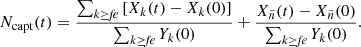 $$ \begin{aligned} N_{\mathrm{capt} }(t) = \frac{\sum _{k\ge \textit{fe}}\left[ X_k(t)-X_k(0)\right]}{\sum _{k\ge \textit{fe}} Y_k(0)} + \frac{X_{\tilde{n}}(t)-X_{\tilde{n}}(0)}{\sum _{k\ge \textit{fe}} Y_k(0)}. \end{aligned} $$