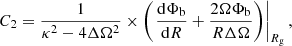 $$ \begin{aligned} C_2 = \frac{1}{\kappa ^2-4\Delta \Omega ^2} \times \left( \left. \frac{\mathrm{d}\Phi _{\rm b}}{\mathrm{d}R} + \frac{2\Omega \Phi _{\rm b}}{R\Delta \Omega } \right) \right|_{R_{\rm g}} ,\end{aligned} $$