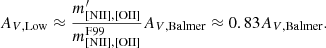 $$ \begin{aligned} A_{V,\mathrm{Low}} \approx \frac{m^{\prime }_{\rm [NII],[OII]}}{m^\mathrm{F99}_{\rm [NII],[OII]}}A_{V,\mathrm{Balmer}}\approx 0.83A_{V,\mathrm{Balmer}}. \end{aligned} $$