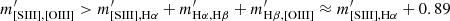 $ m^\prime_{\mathrm{[SIII] ,[OIII] }} > m^\prime_{\mathrm{[SIII] ,H\alpha }} + m^\prime_{\mathrm{H\alpha , H\beta}} + m^\prime_{\mathrm{H\beta , [OIII]}} \approx m^\prime_{\mathrm{[SIII] ,H\alpha }} + 0.89 $