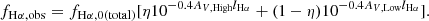$$ \begin{aligned} f_{\rm H\alpha , obs} = f_{\rm H\alpha , 0 (total)}[\eta 10^{-0.4 A_{V, \mathrm{High}}l_{\rm H\alpha }} + (1-\eta )10^{-0.4 A_{V, \mathrm{Low}}l_{\rm H\alpha }}]. \end{aligned} $$