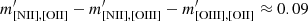 $ m^\prime_{\mathrm{[NII],[OII]}}-m^\prime_{\mathrm{[NII],[OIII]}}-m^\prime_{\mathrm{[OIII],[OII]}}\approx 0.09 $