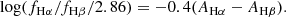 $$ \begin{aligned} \log (f_{\rm H\alpha }/f_{\rm H\beta }/2.86) = -0.4(A_{\rm H\alpha } - A_{\rm H\beta }). \end{aligned} $$