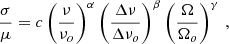 $$ \begin{aligned} \frac{\sigma }{\mu } = c \left(\frac{\nu }{\nu _o} \right)^{\alpha } \left(\frac{\Delta \nu }{\Delta \nu _o} \right)^{\beta } \left(\frac{\Omega }{\Omega _o} \right)^{\gamma }\,, \end{aligned} $$