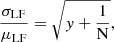$$ \begin{aligned} \frac{\sigma _{\mathrm{LF}}}{\mu _{\mathrm{LF}}} = \sqrt{{y} + \frac{1}{\mathrm{N}}}, \end{aligned} $$