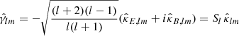 $$ \begin{aligned} \hat{\gamma }_{lm}= - \sqrt{\frac{(l+2)(l-1)}{l(l+1)}} ( \hat{\kappa }_{E,lm} + i \hat{\kappa }_{B,lm}) = S_l \, \hat{\kappa }_{lm} \end{aligned} $$