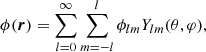 $$ \begin{aligned}&\phi (\boldsymbol{r}) = \sum _{l=0}^{\infty } \sum _{m=-l}^{l} \phi _{lm} Y_{lm} (\theta , \varphi ), \end{aligned} $$
