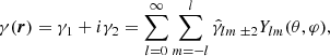 $$ \begin{aligned} \gamma (\boldsymbol{r}) = \gamma _{1} + i \gamma _{2} =\sum _{l=0}^{\infty } \sum _{m=-l}^{l}{ \hat{\gamma }_{lm}}{\,}_{{\pm }2}{Y_{lm} (\theta , \varphi )}, \end{aligned} $$