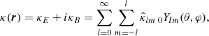 $$ \begin{aligned} \kappa (\boldsymbol{r}) = \kappa _{E} + i \kappa _{B} =\sum _{l=0}^{\infty } \sum _{m=-l}^{l} \hat{\kappa }_{lm}{\,}_{0}{Y_{lm} (\theta , \varphi )}, \end{aligned} $$
