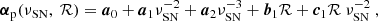 $$ \begin{aligned} {\boldsymbol{\alpha }}_{\rm p}(\nu _{\mathrm{SN}},\ \mathcal{R} ) = {\boldsymbol{a}}_0 + {\boldsymbol{a}}_1 \nu _{\rm SN}^{-2} + {\boldsymbol{a}}_2 \nu _{\rm SN}^{-3} + {\boldsymbol{b}}_1 \mathcal{R} + {\boldsymbol{c}}_1 \mathcal{R} \ \nu _{\rm SN}^{-2}\ , \end{aligned} $$