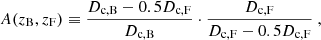 $$ \begin{aligned} A(z_{\rm B}, z_{\rm F})\equiv \frac{D_{\rm c, B}-0.5D_{\rm c, F}}{D_{\rm c, B}}\cdot \frac{D_{\rm c, F}}{D_{\rm c, F}-0.5D_{\rm c, F}}\ , \end{aligned} $$