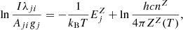 $$ \begin{aligned} \ln {\frac{I \lambda _{ji}}{A_{ji} g_{j}}} = - \frac{1}{k_{\mathrm{B} } T} E^{Z}_{j} + \ln {\frac{hcn^Z}{4\pi Z^Z(T)}}, \end{aligned} $$