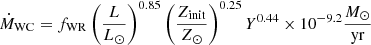 $$ \begin{aligned} \dot{{M}}_{\mathrm{WC}} = f_{\mathrm{WR}} \left(\frac{{L}}{{L}_\odot }\right)^{0.85} \left(\frac{{Z}_\mathrm{init} }{{Z}_\odot }\right)^{0.25} {Y}^{{0.44}}\times 10^{-9.2} \frac{{{M}_{\odot }}}{\mathrm{yr}} \end{aligned} $$