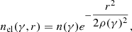 $$ \begin{aligned} n_{\rm el}(\gamma ,r)=n(\gamma )e^{-\dfrac{r^{2}}{2\rho (\gamma )^{2}}}, \end{aligned} $$
