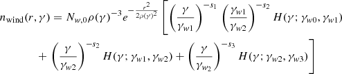 $$ \begin{aligned}&n_{\rm wind}(r,\gamma ) = N_{w,0}\rho (\gamma )^{-3} e^{- \frac{r^2}{2\rho (\gamma )^2} } \left[ \left( \frac{\gamma }{\gamma _{w1}} \right)^{-s_1}\right. \left(\frac{\gamma _{w1}}{\gamma _{w2}} \right)^{-s_{2}} H(\gamma ;\gamma _{w0},\gamma _{w1})\nonumber \\&\qquad \qquad + \left.\left(\frac{\gamma }{\gamma _{w2}}\right)^{-s_2} H(\gamma ; \gamma _{w1}, \gamma _{w2}) + \left(\frac{\gamma }{\gamma _{w_2}}\right)^{-s_3} H(\gamma ; \gamma _{w2}, \gamma _{w3}) \right] \end{aligned} $$