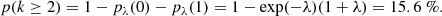$$ \begin{aligned} p(k\ge 2) = 1-p_{\lambda }(0)-p_\lambda (1) = 1 - \exp (-\lambda )(1 + \lambda ) = 15.6\ \%. \end{aligned} $$