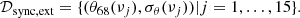 $$ \begin{aligned} \mathcal{D} _{\rm sync,ext}=\{(\theta _{68}(\nu _j), \sigma _{\theta }(\nu _j))| j=1,\ldots ,15\}. \end{aligned} $$
