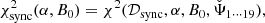 $$ \begin{aligned} \chi ^2_{\rm sync}(\alpha ,B_0) = \chi ^2(\mathcal{D} _\mathrm{sync} ,\alpha ,B_0,\check{\Psi }_{1\cdots 19}), \end{aligned} $$