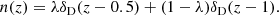 $$ \begin{aligned} n(z) = \lambda \delta _{\rm D}(z - 0.5) + (1 - \lambda ) \delta _{\rm D}(z - 1) . \end{aligned} $$