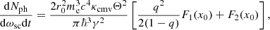 $$ \begin{aligned} \frac{\mathrm{d}N_{\rm ph}}{\mathrm{d}\omega _{\rm sc} \mathrm{d}t} = \frac{2r_0^2m_{\rm e}^3c^4\kappa _{\rm cmv}\Theta ^2}{\pi \hbar ^3 \gamma ^2}\left[\frac{{q}^2}{2(1-{q})}F_1(x_0) + F_2(x_0)\right], \end{aligned} $$
