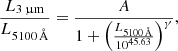 $$ \begin{aligned} \frac{L_{3\,\upmu \mathrm{m}}}{L_{5100\,{\AA }}} = \frac{A}{1+ \left(\frac{L_{5100\,{\AA }}}{10^{45.63}}\right)^{\gamma }}, \end{aligned} $$