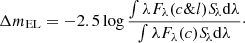 $$ \begin{aligned} \Delta m_{\rm EL} = -2.5 \log \frac{\int \lambda F_{\lambda }(c \& l){S\!}_{\lambda }\mathrm{d}\lambda }{\int \lambda F_{\lambda }(c) {S\!}_{\lambda }\mathrm{d}\lambda }\cdot \end{aligned} $$