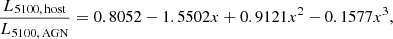 $$ \begin{aligned} \frac{L_{\rm 5100,\,host}}{L_{\rm 5100,\,AGN}} = 0.8052 -1.5502x + 0.9121x^{2} - 0.1577x^{3}, \end{aligned} $$