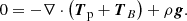 $$ \begin{aligned} 0=-\nabla \cdot \left({\boldsymbol{T}}_{\rm p}+{\boldsymbol{T}}_{B}\right)+\rho {\boldsymbol{g}}. \end{aligned} $$