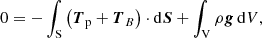 $$ \begin{aligned} 0=-\int _{\rm S} \left({\boldsymbol{T}}_{\rm p}+{\boldsymbol{T}}_{B}\right)\cdot \mathrm{d}{\boldsymbol{S}}+\int _{\rm V} \rho {\boldsymbol{g}}\, \mathrm{d}V, \end{aligned} $$