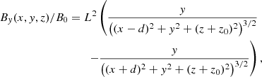 $$ \begin{aligned} B_{ y}(x,{ y},z)/B_0&=L^2 \left(\frac{{ y}}{\left((x-d)^2+{ y}^2+(z+z_0)^2\right)^{3/2}}\right.\nonumber \\&\left.\qquad -\frac{{ y}}{\left((x+d)^2+{ y}^2+(z+z_0)^2\right)^{3/2}}\right),\end{aligned} $$