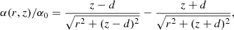 $$ \begin{aligned} \alpha (r,z)/\alpha _0=\frac{z-d}{\sqrt{r^2+(z-d)^2}}-\frac{z+d}{\sqrt{r^2+(z+d)^2}}, \end{aligned} $$