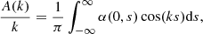$$ \begin{aligned} \frac{A(k)}{k}&=\frac{1}{\pi } \int _{-\infty }^{\infty } \alpha (0,s) \cos (k s) \mathrm{d}s, \end{aligned} $$