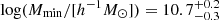 $ \log (M_\mathrm{{min}}/[h^{-1}M_\odot])=10.7^{+0.2}_{-0.3} $