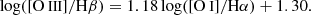 $$ \begin{aligned} \log ([{\text{O}}{\small {{\text{ III}}}}]/\mathrm H\beta )&= 1.18\log ([{\text{O}}{\small {{\text{ I}}}}]/\mathrm H\alpha ) + 1.30. \end{aligned} $$