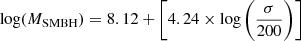 $$ \begin{aligned} \log (M_\mathrm {SMBH} ) = 8.12 + \Bigg [4.24\times \log \Bigg (\frac{\sigma }{200}\Bigg )\Bigg ] \end{aligned} $$