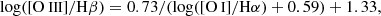 $$ \begin{aligned} \log ([{\text{O}}{\small {{\text{ III}}}}]/\mathrm H\beta )&= 0.73/{(\log ([{\text{O}}{\small {{\text{ I}}}}]/\mathrm H\alpha ) + 0.59)} + 1.33, \end{aligned} $$