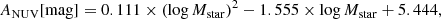 $$ \begin{aligned} A_{\mathrm{NUV} } [\mathrm{mag} ] = 0.111 \times (\log M_{\mathrm{star} })^2 - 1.555 \times \log M_{\mathrm{star} } + 5.444, \end{aligned} $$
