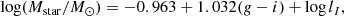 $$ \begin{aligned} \log (M_{\mathrm{star} }/{M}_{\odot }) =-0.963+1.032(g-i)+\log l_I, \end{aligned} $$
