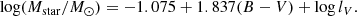 $$ \begin{aligned} \log (M_{\mathrm{star} }/{M}_{\odot }) =-1.075+1.837(B-V)+\log l_V. \end{aligned} $$