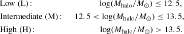 $$ \begin{aligned} \begin{aligned}&\mathrm {Low \ (L)}\!: \ \ \ \ \ \ \ \ \ \ \ \ \ \ \ \ \ \ \ \ \ \ \ \ \ \ \ \ \ \ \ \log (M_{\mathrm{halo} }/{M}_{\odot }) \le 12.5, \\&\mathrm {Intermediate \ (M)}\!: \ \ \ \ \ 12.5 < \log (M_{\mathrm{halo} }/{M}_{\odot }) \le 13.5, \\&\mathrm {High \ (H)}\!: \ \ \ \ \ \ \ \ \ \ \ \ \ \ \ \ \ \ \ \ \ \ \ \ \ \ \ \ \ \ \log (M_{\mathrm{halo} }/{M}_{\odot }) > 13.5. \end{aligned} \end{aligned} $$