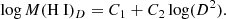 $$ \begin{aligned} \log M(\mathrm{H} {\text{ I}})_D = C_1 + C_2 \log (D^2). \end{aligned} $$