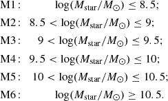 $$ \begin{aligned} \begin{aligned}&\mathrm M1\!: \ \ \ \ \ \ \ \ \ \ \ \log (M_{\mathrm{star} }/{M}_{\odot }) \le 8.5; \\&\mathrm M2\!: \ \ 8.5 < \log (M_{\mathrm{star} }/{M}_{\odot }) \le 9; \\&\mathrm M3\!: \ \ \ \ \ 9 < \log (M_{\mathrm{star} }/{M}_{\odot }) \le 9.5; \\&\mathrm M4\!: \ \ 9.5 < \log (M_{\mathrm{star} }/{M}_{\odot }) \le 10; \\&\mathrm M5\!: \ \ \ 10 < \log (M_{\mathrm{star} }/{M}_{\odot }) \le 10.5; \\&\mathrm M6\!: \ \ \ \ \ \ \ \ \ \ \ \log (M_{\mathrm{star} }/{M}_{\odot }) \ge 10.5. \\ \end{aligned} \end{aligned} $$