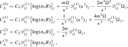 $$ \begin{aligned} \begin{aligned} C_A^{(0)}&= C_0 \fancyscript {D}_{ij}^{(1)} \left[\log (\sigma _0 R)\right]_{j} + \frac{m \Omega }{\kappa ^3} \fancyscript {D}_{ij}^{(1)} (\kappa ^2)_{j} - \frac{2 m^3 \Omega ^2}{\kappa ^3} \fancyscript {D}_{ij}^{(1)} \Omega _{j}, \\ C_A^{(1)}&= C_1 \fancyscript {D}_{ij}^{(1)} \left[\log (\sigma _0 R)\right]_{j} - \frac{1}{\kappa ^3} \fancyscript {D}_{ij}^{(1)} (\kappa ^2)_{j} + \frac{4 m^2 \Omega }{\kappa ^3} \fancyscript {D}_{ij}^{(1)} \Omega _{j}, \\ C_A^{(2)}&= C_2 \fancyscript {D}_{ij}^{(1)} \left[\log (\sigma _0 R)\right]_{j} - \frac{2m}{\kappa ^3} \fancyscript {D}_{ij}^{(1)} \Omega _{j}, \\ C_A^{(3)}&= C_3 \fancyscript {D}_{ij}^{(1)} \left[\log (\sigma _0 R)\right]_{j}, \end{aligned} \end{aligned} $$