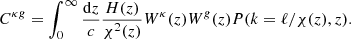 $$ \begin{aligned} C^{\kappa g} = \int ^{\infty }_0 \frac{\mathrm{d}z}{c}\frac{H(z)}{\chi ^2(z)}W^{\kappa }(z)W^{g}(z)P(k=\ell /\chi (z), z). \end{aligned} $$