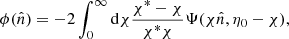 $$ \begin{aligned} \phi (\hat{n})=-2\int _{0}^{\infty } \mathrm{d}\chi \frac{\chi ^{*}-\chi }{\chi ^{*}\chi }\Psi (\chi \hat{n},\eta _0-\chi ), \end{aligned} $$